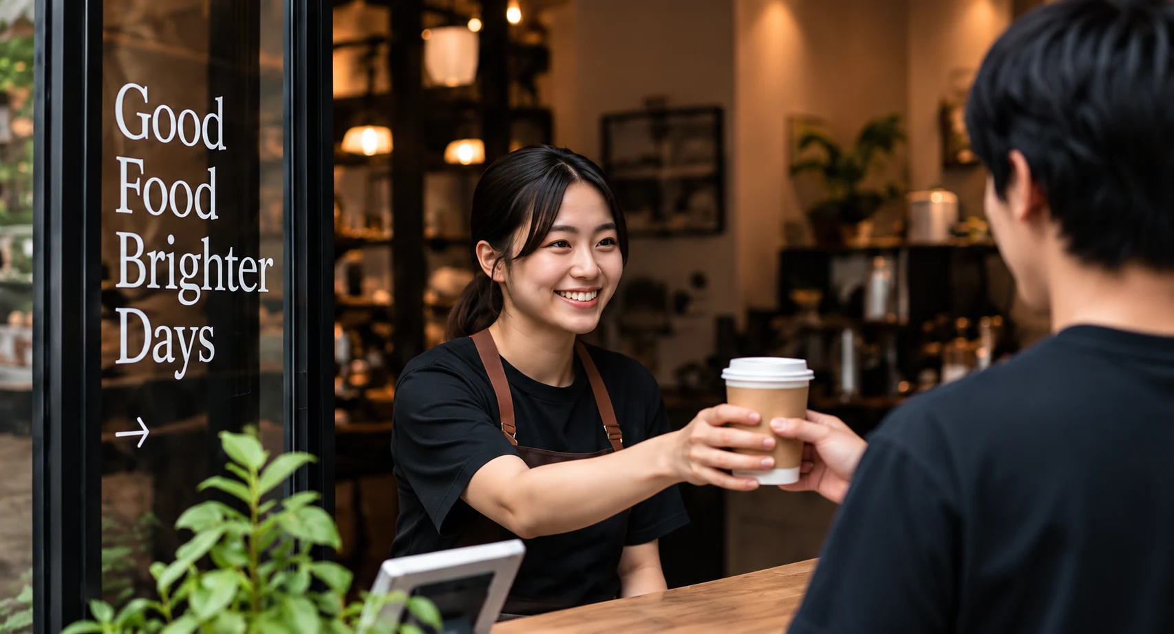 Illustrative café scene: a barista handing a coffee to a customer