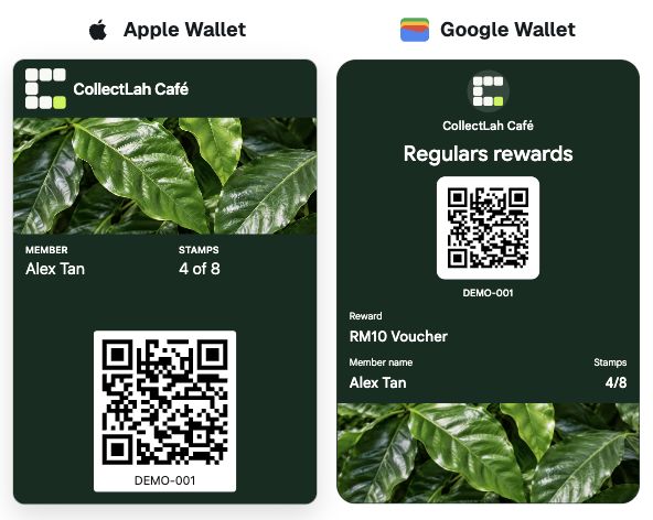 CollectLah Café demo website previews for Apple Wallet and Google Wallet, showing Alex Tan with four of eight stamps